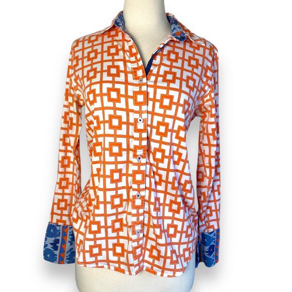 Tizzie Orange Graphic Bright Print Button Down Cotton Casual Long Sleeve Blouse - Picture 1 of 6
